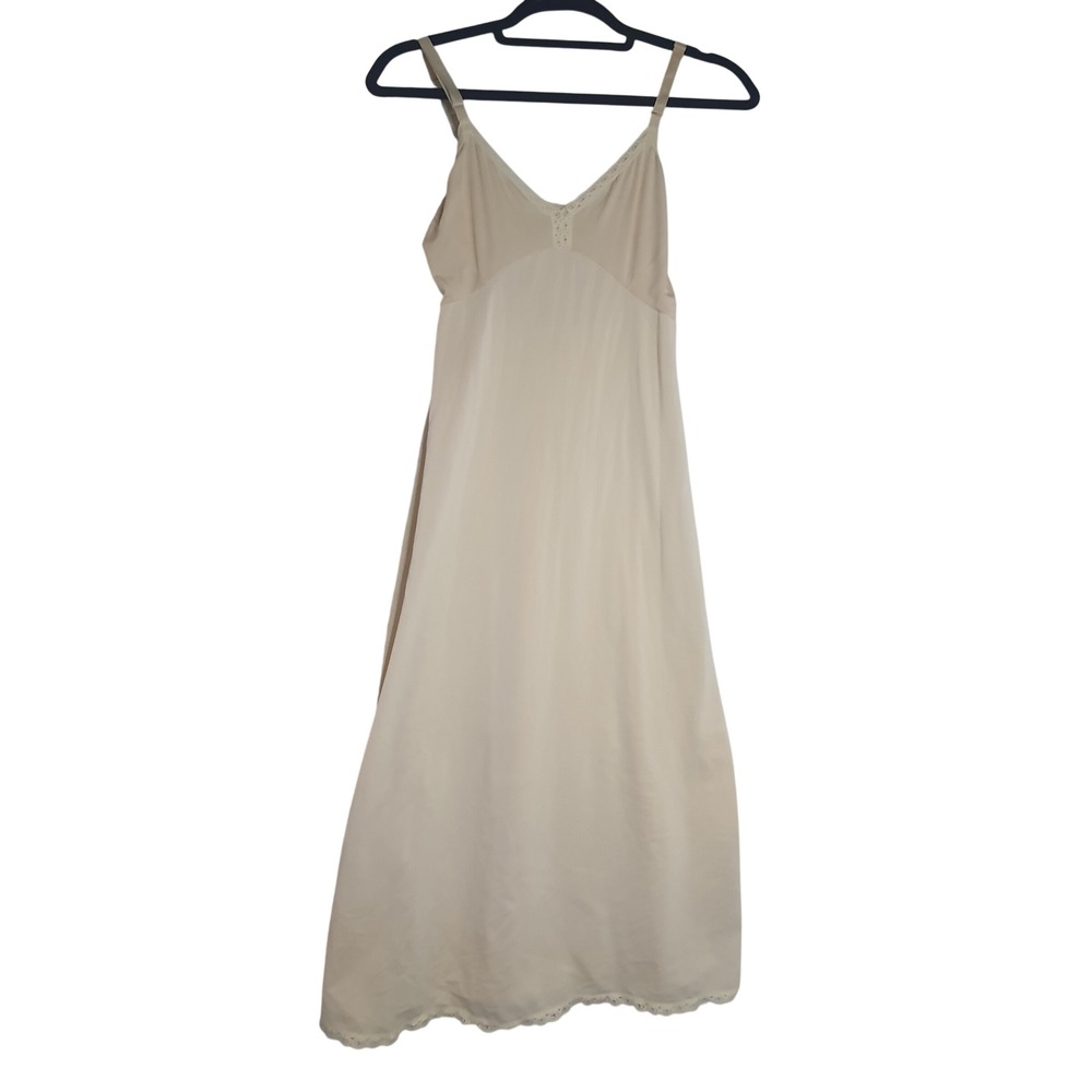Shadowline Vintage Full Slip Beige Nude Lace Trim Midi Dress Size 32 Made in USA